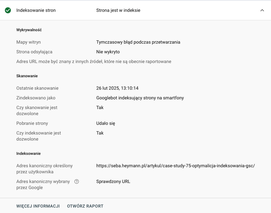 informacja o tym, że dopiero co udostępniony adres URL w formie artykułu jest zindeksowany