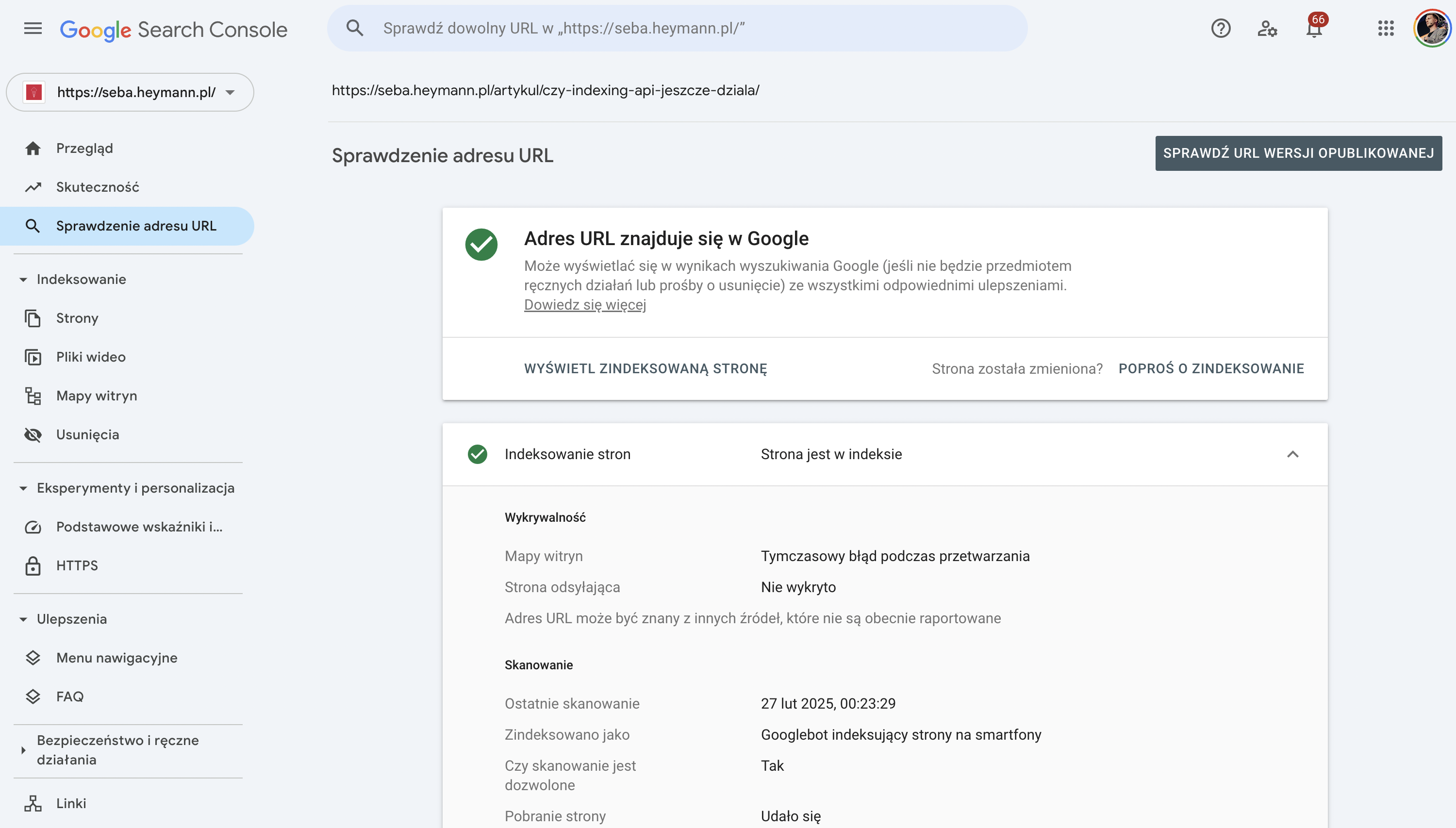 potwierdzenie z google search console, że artykuł o indexing api jest w indeksie